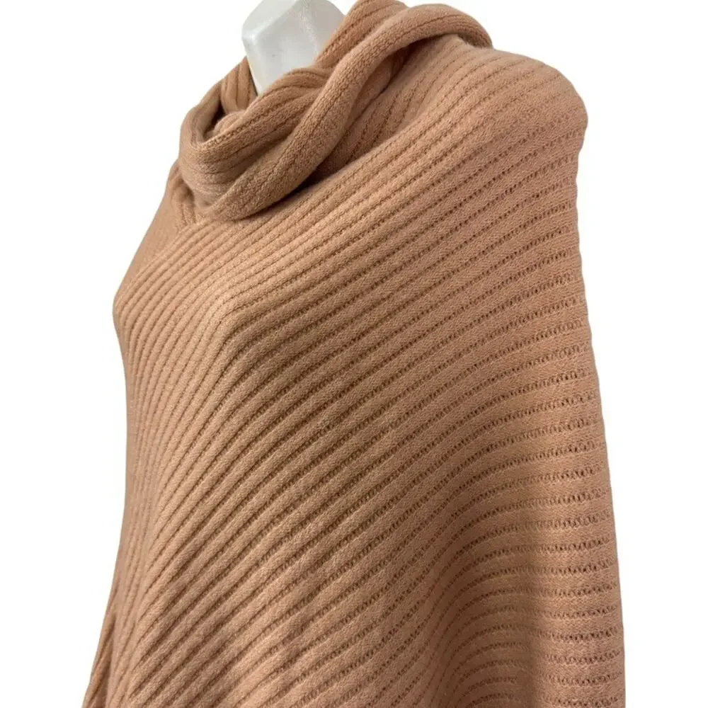 Chicos Ribbed Asymmetrical Fringe Cowl Neck Poncho Pullover Sweater sz O / S